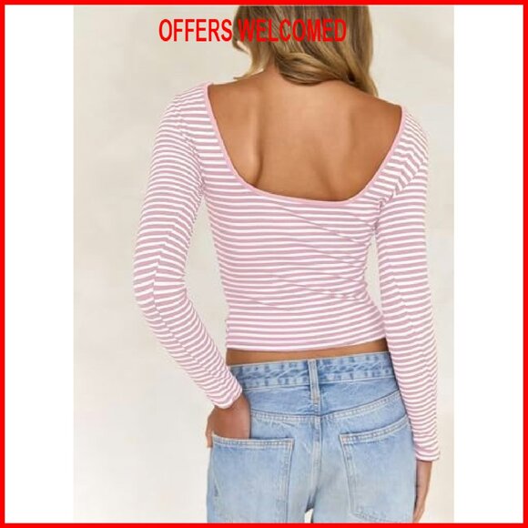 Striped Backless Crop Top Long Sleeve Blouse Y2K Boat Neck - Picture 6 of 8